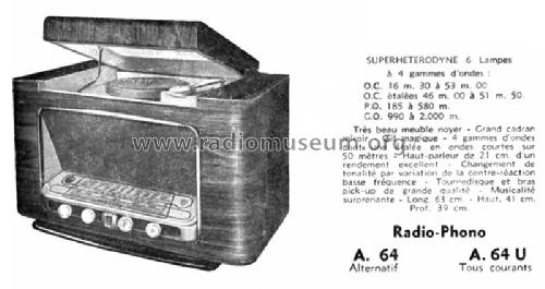 Radio-Phono A64; Clarville CSF; Paris (ID = 2546797) Radio