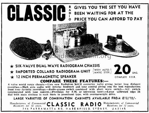 Six-valve Dual-Wave Radiogram Chassis ; Classic Radio Pty. (ID = 2285360) Radio