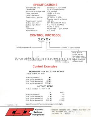 Touch Tone Decoder CS-1688; Connect Systems Inc. (ID = 2886948) Telephony