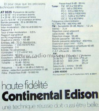 Ampli Tuner Tétraphonique AT 9525; Continental Edison, (ID = 2374735) Radio