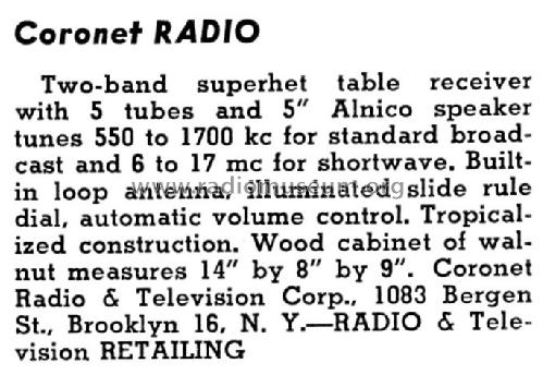 Two-band superhet ; Coronet Radio & (ID = 1298782) Radio