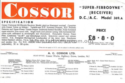 Super-Ferrodyne 369A; Cossor, A.C.; London (ID = 2936292) Radio