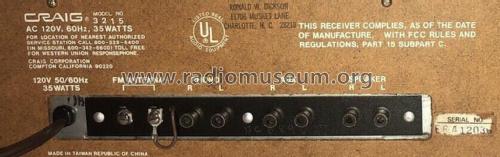 AM/FM Eight Track Receiver 3215; Craig Panorama Inc.; (ID = 2862800) Radio