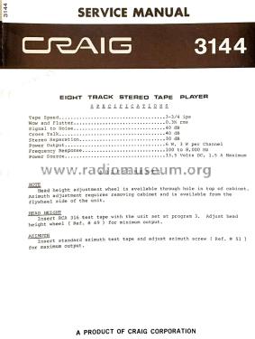 Eight Track Stereo Player 3144; Craig Panorama Inc.; (ID = 2827352) R-Player