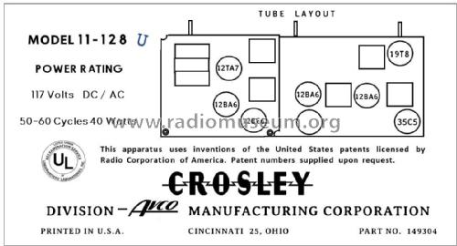 11-128U Ch= 312; Crosley Radio Corp.; (ID = 2784402) Radio