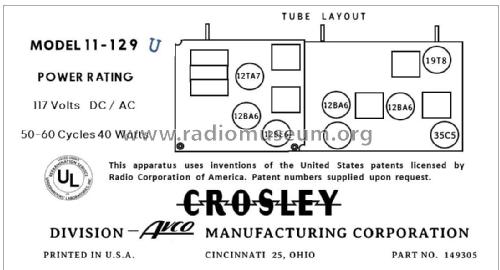 11-129U Ch= 312; Crosley Radio Corp.; (ID = 2785146) Radio