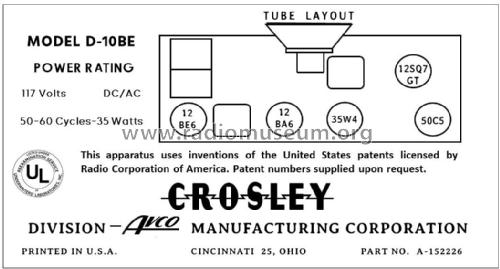 D10BE Ch= 10D-1; Crosley Radio Corp.; (ID = 2785148) Radio