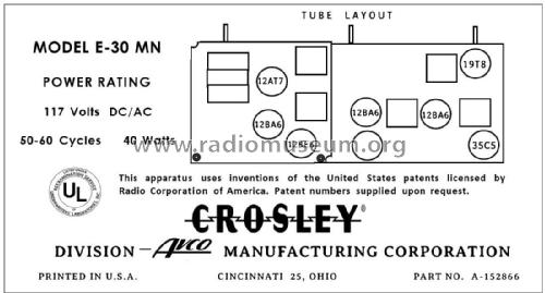E30MN Ch= 30E 30E1 ; Crosley Radio Corp.; (ID = 2902662) Radio