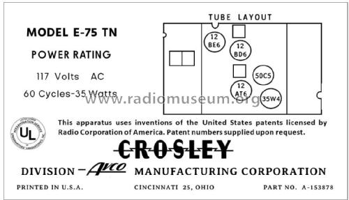 E-75TN Ch= 75E; Crosley Radio Corp.; (ID = 2785638) Radio