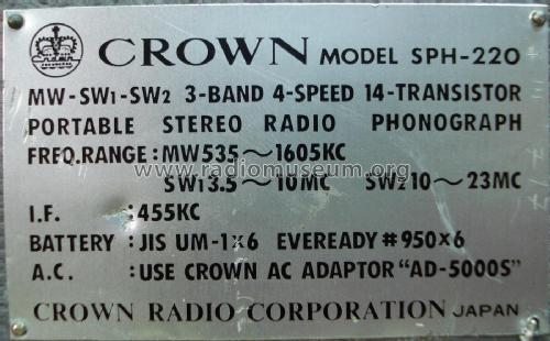 14 Transistor 3 Bands Portable Stereo Radio Phonograph SPH-220; Crown Radio Corp.; (ID = 2334677) Radio