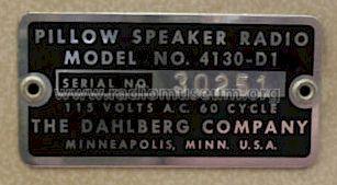 Pillow Speaker Radio 4130-D; Dahlberg Company; (ID = 1266760) Radio