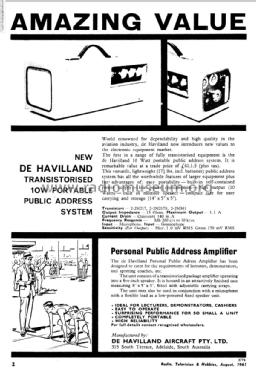 Portable Public Address Amplifier, 10 Watts 907; De Havilland (ID = 2407597) Ampl/Mixer