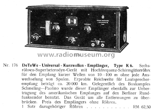 KW-Empfänger Superhet K6; DeTeWe (ID = 2961502) Radio