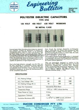 Polyester Dielectric Capacitors Type DFM - 125 V, 400 V, 630 V Working; Ducon Condenser Pty. (ID = 2601572) Radio part