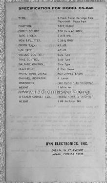 8-Track Stereo Cartridge Tape Player DS-848; Dyn Electronics Inc. (ID = 2847076) R-Player