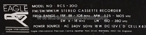 FM/SW/MW/LW Stereo Cassette Recorder RCS-200; Eagle Products, (ID = 3031946) Radio