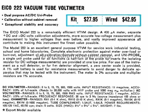 Vacuum Tube Voltmeter 222; EICO Electronic (ID = 3045597) Equipment