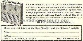 Princess P63; Ekco, E.K.Cole Ltd.; (ID = 625914) Radio