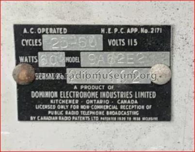 Z9A62-E-2 ; Electrohome Dominion (ID = 2705046) Radio