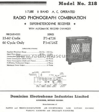 218 P3-4726Z; Electrohome Dominion (ID = 793729) Radio