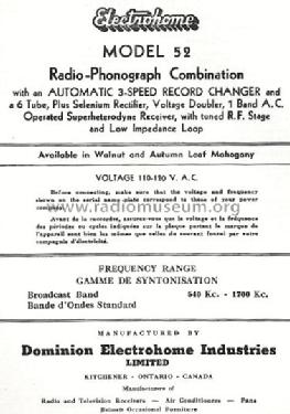 52 ; Electrohome Dominion (ID = 766707) Radio