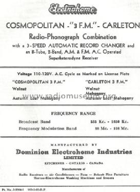 Cosmopolitan 3 F.M PC3CF82-469Z or PC3CF82-479Z; Electrohome Dominion (ID = 828892) Radio