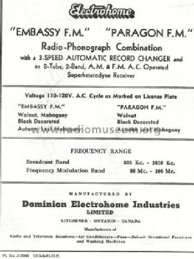 Embassy F.M. ; Electrohome Dominion (ID = 828893) Radio