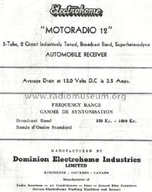 Motoradio 12 ; Electrohome Dominion (ID = 768592) Car Radio