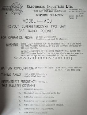 Superheterodyne Two Unit Car Radio Receiver AQJ; EIL Electronics (ID = 1835628) Car Radio