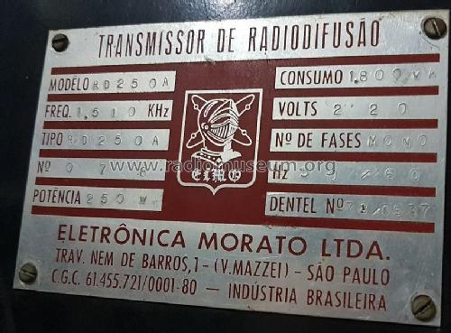 Transmissor de Radiodifusão RD-250A; Eletrônica Morato (ID = 2483230) Commercial Tr