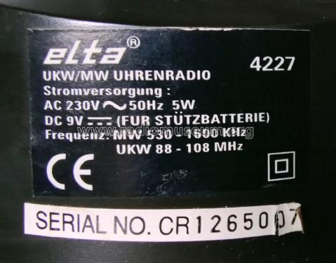 UKW/MW Uhrenradio 4227; Elta GmbH, Rödermark (ID = 3107903) Radio