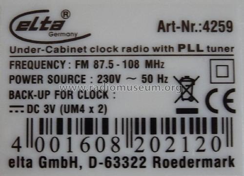 Unterbau-Uhrenradio mit PLL-Tuner Model 4259; Elta GmbH, Rödermark (ID = 1797882) Radio