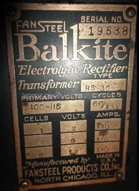 Balkite - Electrolytic Rectifier Transformer RS 86; Fansteel Products (ID = 1734981) Fuente-Al