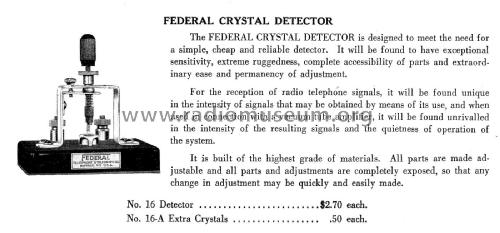 Federal Crystal Detector No. 16; Federal Radio Corp. (ID = 1870481) Bauteil