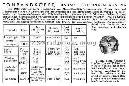 Tonbandköpfe Bauart Telefunken Austria LK / SK / HSK /WK / HWK /KOK / SWK; Fels; Wien (ID = 2583177) Microphone/PU