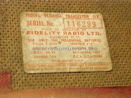 Fidelity Radio Florida Transistor Six ; Fidelity Radio Co. (ID = 2508976) Radio