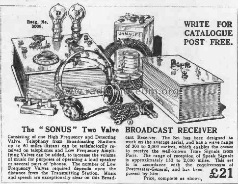 Sonus Two-Valve Broadcast Receiver ; Gamage, A.W., Ltd.; (ID = 2420763) Radio