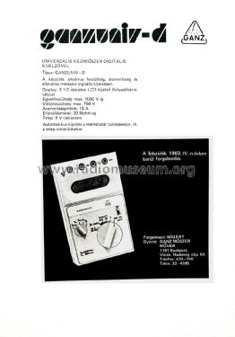 Ganzuniv-D Digital Multimeter DU0302; GANZ Árammérögyár; G (ID = 3068712) Equipment