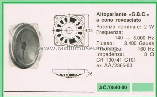 Altoparlante a Cono Rovesciato AC/0540-00 CR 100/41 C101; GBC; Milano (ID = 3095208) Speaker-P