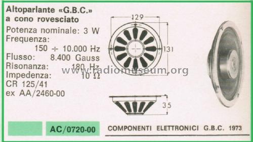 Altoparlante a Cono Rovesciato AC/0720-00 CR 125/41; GBC; Milano (ID = 3095808) Speaker-P