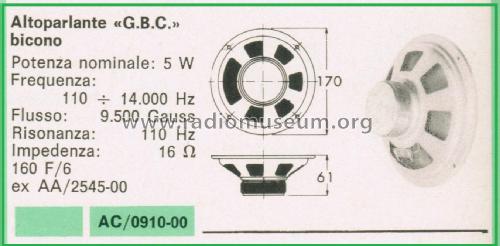 Altoparlante Bicono AC/0910-00 160 F/6; GBC; Milano (ID = 3097155) Speaker-P