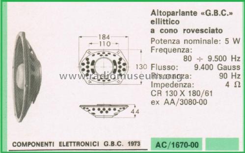 Altoparlante Ellittico a Cono Rovesciato AC/1670-00 CR 130 X 180/61; GBC; Milano (ID = 3104042) Speaker-P