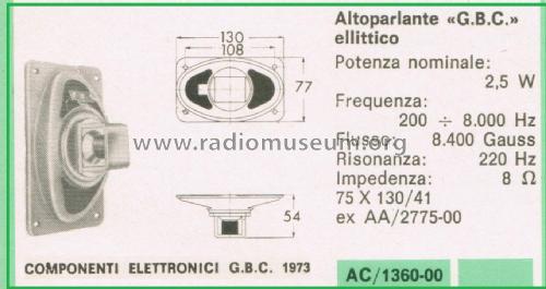 Altoparlante Ellittico AC/1360-00 75 X 130/41; GBC; Milano (ID = 3098873) Speaker-P