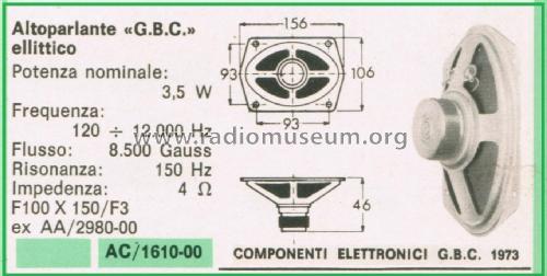 Altoparlante Ellittico AC/1610-00 F100 X 150/F3; GBC; Milano (ID = 3101684) Speaker-P