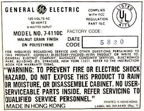 7-4110C ; General Electric Co. (ID = 1395700) Radio