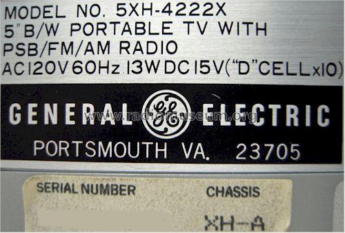 Portable TV 5XH-4222X Ch= XH-A; General Electric Co. (ID = 517244) TV Radio