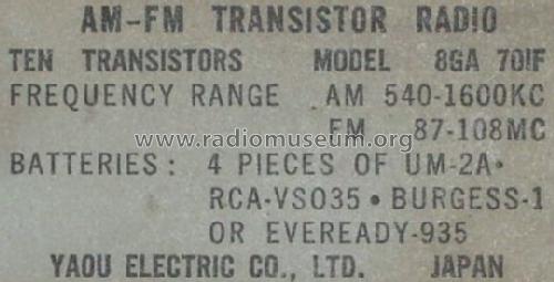 General AM-FM Transistor Ten 8GA 701F ; Yaou Radio Co ltd ; (ID = 533467) Radio