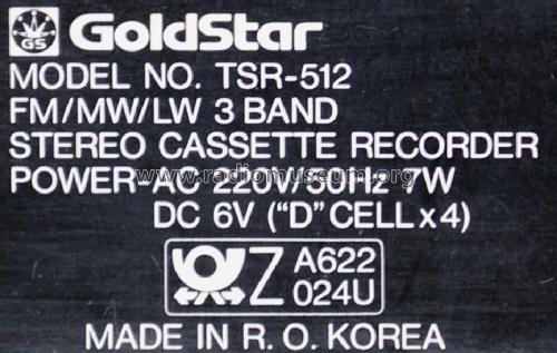 FM/MW/LW 3 Band Stereo Cassette Recorder TSR-512; Gold Star Co., Ltd., (ID = 2034299) Radio