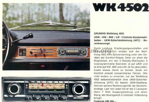 Weltklang WK4502; Grundig Radio- (ID = 36939) Car Radio