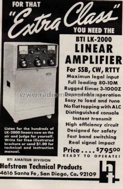 BTI Linear Amplifier LK-2000; Hafstrom Technical (ID = 2069330) Amateur-D